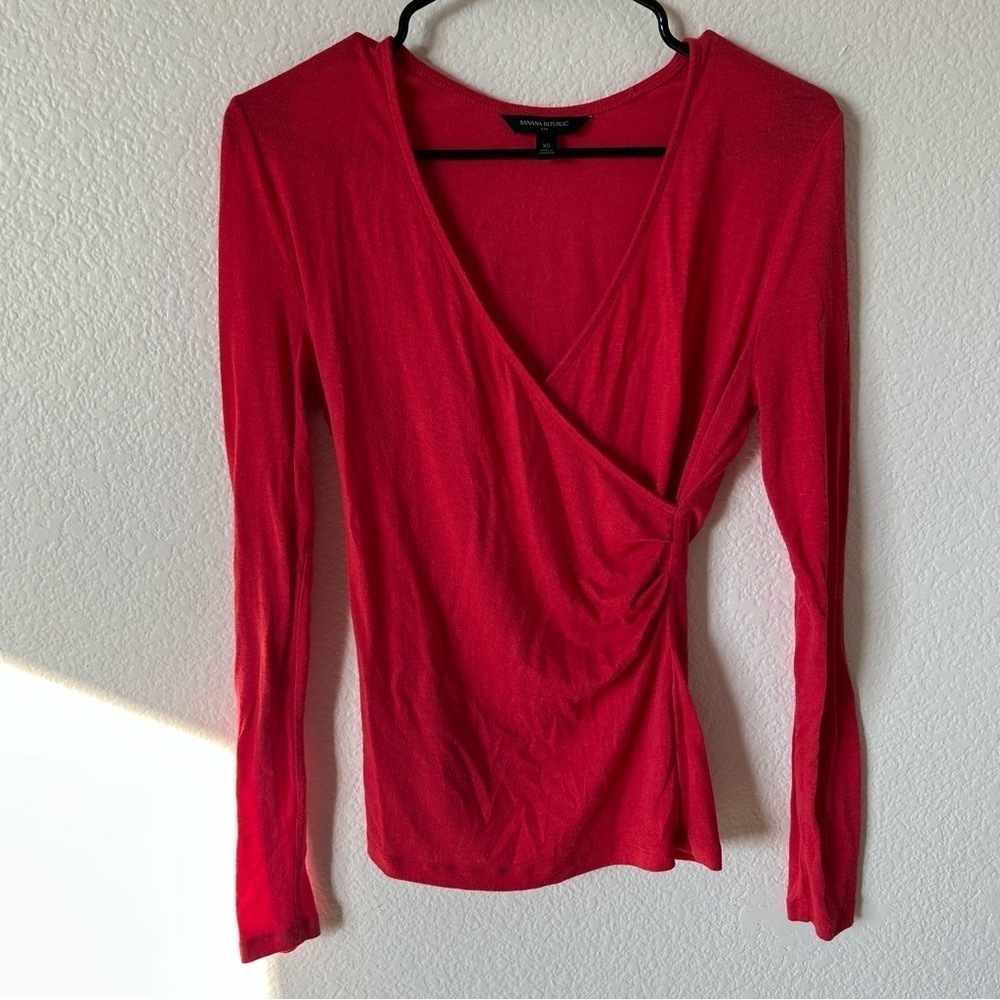 Banana Republic Red Business Casual, Long Sleeve Wrap V Neck Blouse, Top,